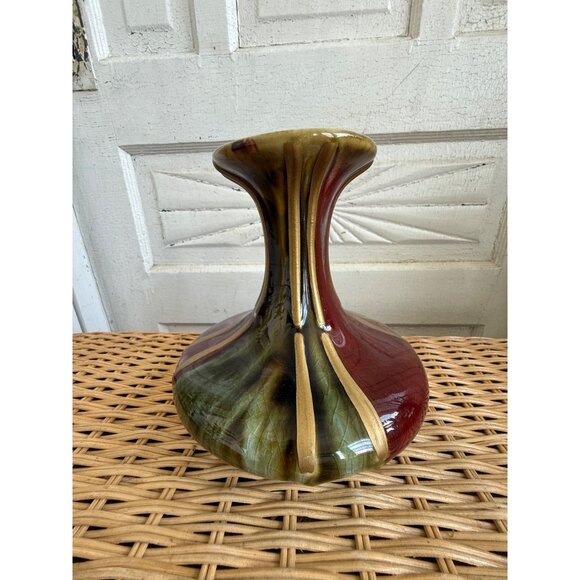 Vintage MCM Brown Green Gold Drip Pottery Fat Belly Vase 7" - Picture 1 of 9